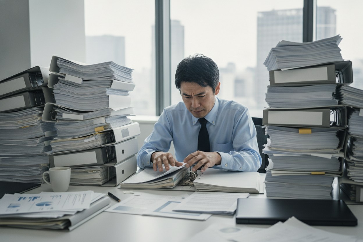 山積みの書類から情報を探す事務作業
