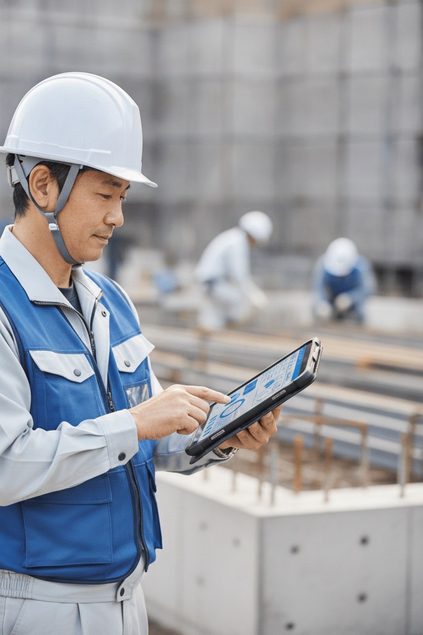 タブレットで現場情報を確認する建設作業員