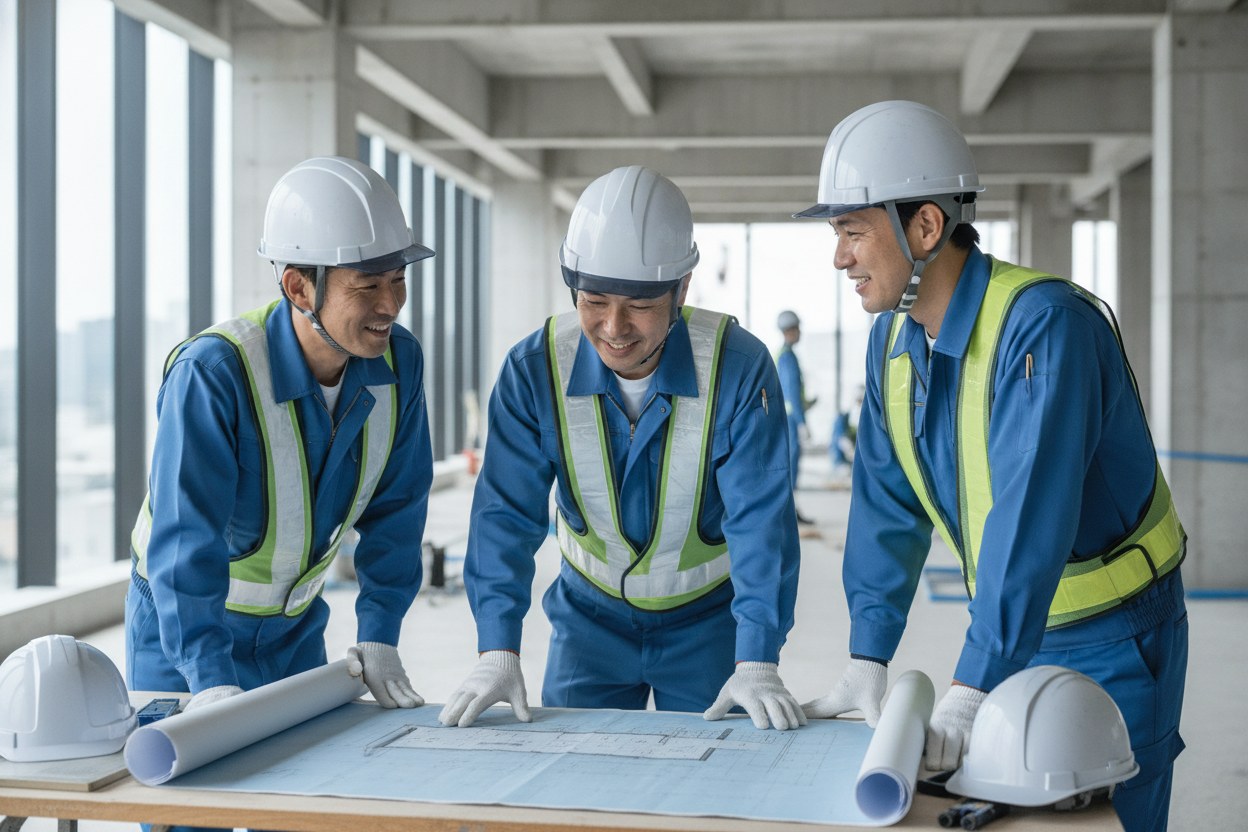 建設現場で打ち合わせをする作業員たち